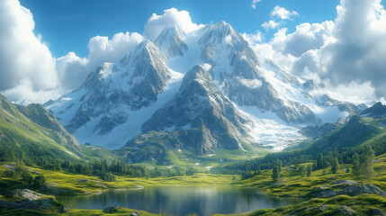 A snow covered mountain peak and lush green valley