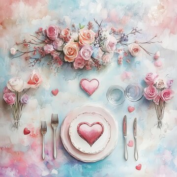 3D pastel watercolor painting of a romantic dinner reservable for Valentine's Day, beautifully set table with delicate flowers, heart-shaped details, and pastel tones