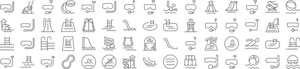 Fototapeta premium Water Park, Aquapark, Swimming Pool, Diving Line Icon Collection. Outline Signs for Graphic and Web Design, Apps, Adverts, Various Cards