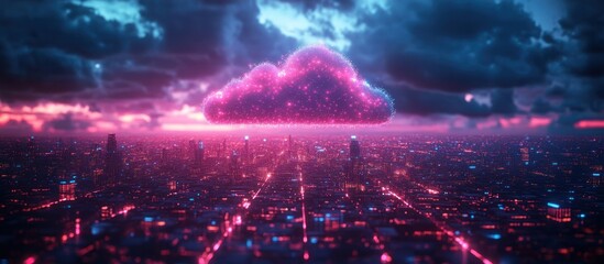 Fototapeta premium Futuristic city skyline with glowing cloud above.