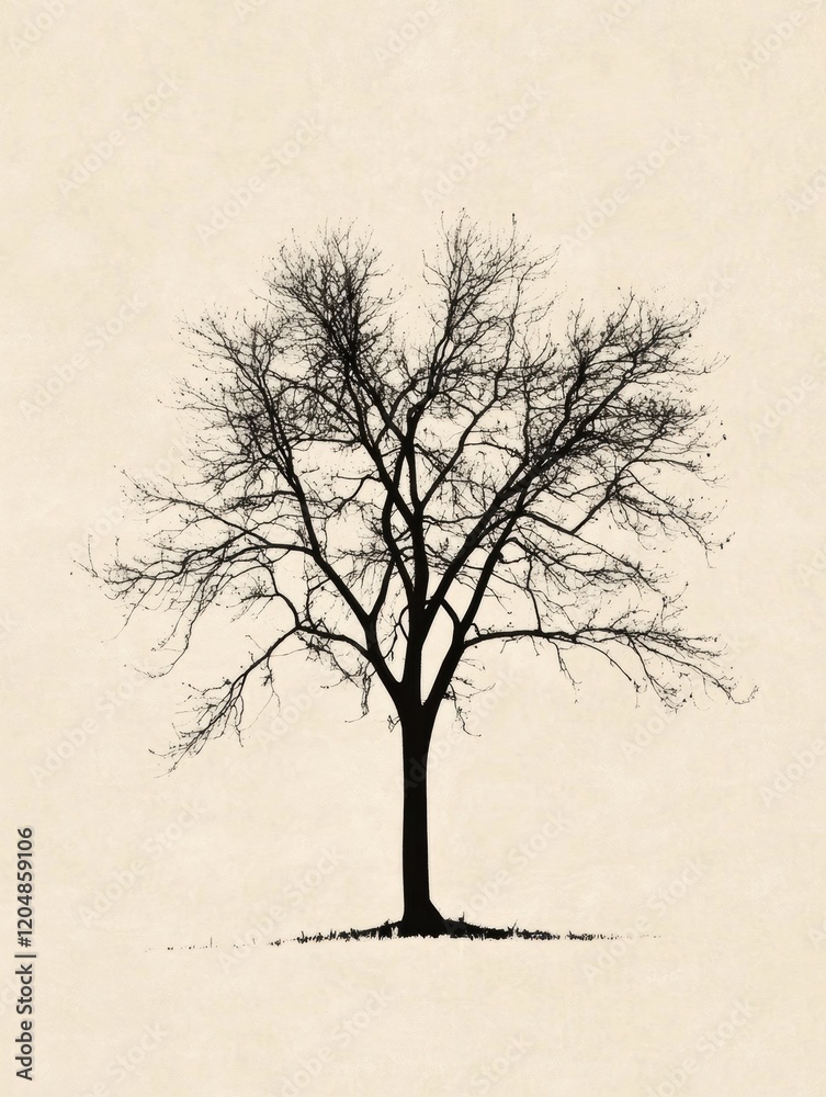 Poster silhouette of a bare tree against a light background during winter season. generative ai