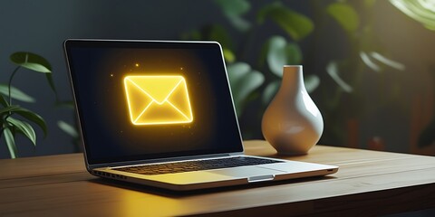 A laptop displaying a glowing email icon in a warm, modern workspace, showcasing electronic messaging and the seamless integration of technology into daily professional life.

