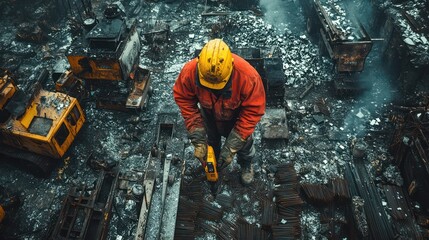 Demolition Worker Amidst the Ruins: A Post-Industrial Scene