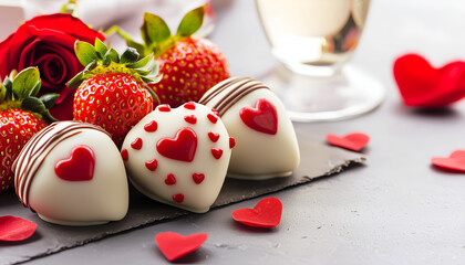 A romantic arrangement featuring chocolate-covered strawberries, decorative heart candies, roses, and a glass, perfect for celebrations of love.