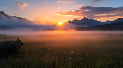 Obraz premium Sunrise Over Misty Mountains