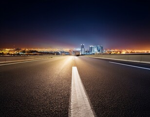 traffic on the highway, close up photo of cracked road surface at night, building lights visible on the horizon