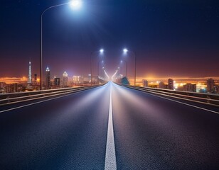traffic on highway at night, close up photo of cracked road surface at night, building lights visible on the horizon