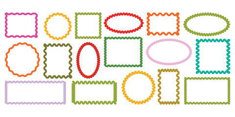 Color squiggle frames set. Zigzag wavy edges, retro squiggle frames, psychedelic rectangles, photo frames, text boxes, tags, labels. Vector groovy shapes set of wave borders. EPS 10