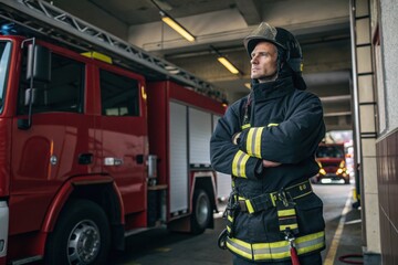 Fototapeta premium Confident Firefighter Standing Proudly by Fire Trucks in Station Garage for Emergency Services Promotion