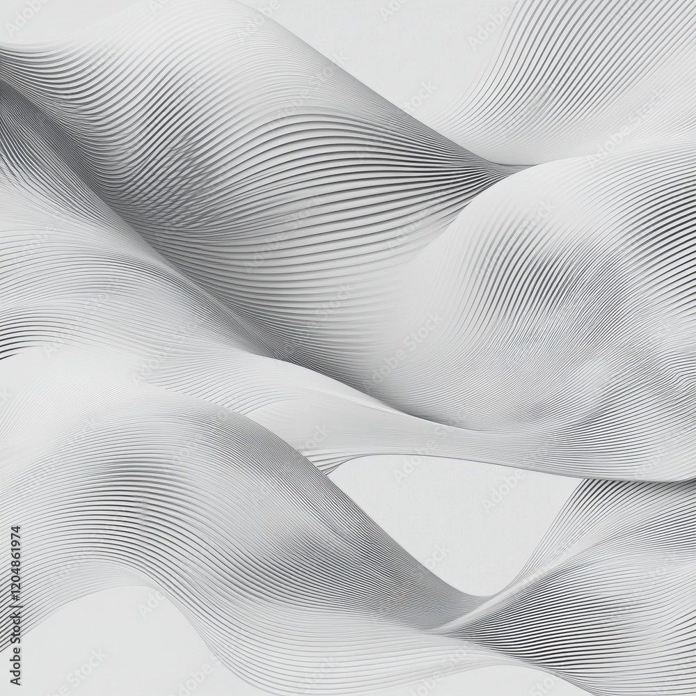 Poster waves of gray lines create a dynamic abstract pattern on a smooth white background, showcasing fluid