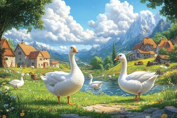 Obraz premium Flock of white geese on green grass, surrounded by farm animals and houses, rural scene.