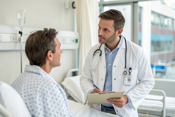 Fototapeta premium Male Doctor Consulting Patient in Modern Hospital Room for Professional Healthcare and Care