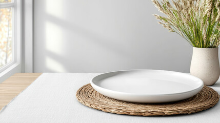 minimalist table setting with white plate on woven placemat