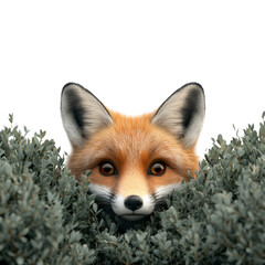 Fototapeta premium 3D Fox Peeking Out from Behind a Bush Isolated on White Background