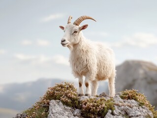 Fototapeta premium Majestic White Goat Standing on Rocky Outcrop Against Scenic Mountain Landscape Under Clear Sky