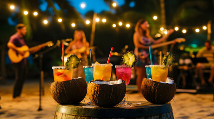 Tropical cocktails in coconut shells at a beach party with live music under string lights. Festive and vibrant scene.