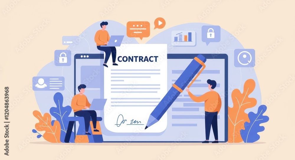 Wall mural a flat illustration of a large digital screen displaying a contract document