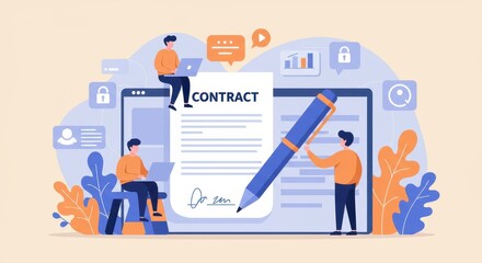 A flat illustration of a large digital screen displaying a contract document