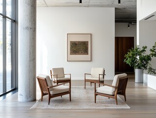Modern interior design featuring cozy seating arrangement in minimalist office space with natural light and elegant decor