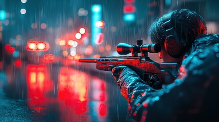 Fototapeta premium Rainy Night Sniper: Urban Warfare in the City