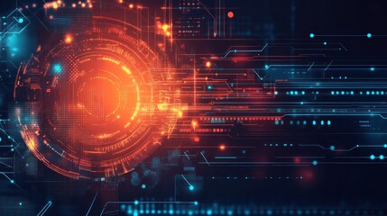 Obraz premium Futuristic digital interface glows, data streams flow, dark background, tech website
