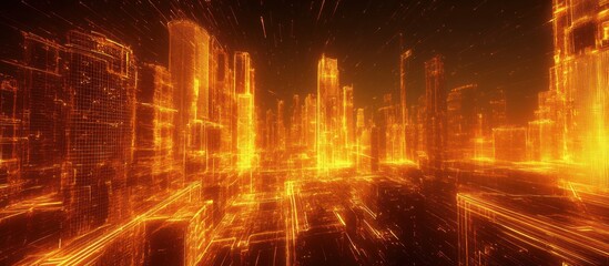 Fototapeta premium Fiery Digital Metropolis: A Glowing Cyberpunk Cityscape