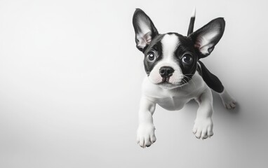 A playful high-angle image of a Boston terrier puppy leaping joyfully, its distinctive black-and-white coat captured in vivid high-resolution detail on a white backdrop 