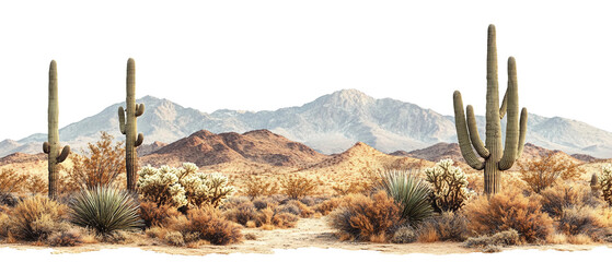 Desert cactuses with dry grass plants and mountains isolated on white background. Suitable for marketing or business purposes. Panoramic banner with place for text. PNG file