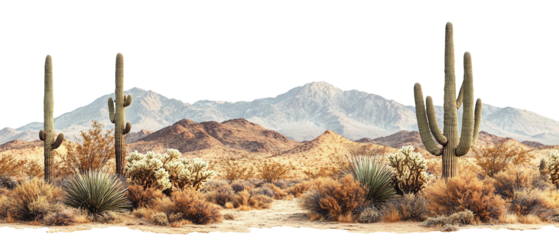 Desert cactuses with dry grass plants and mountains isolated on white background. Suitable for marketing or business purposes. Panoramic banner with place for text. PNG file