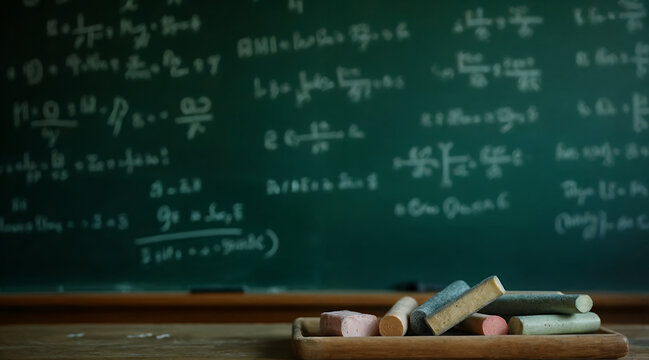 A classroom chalkboard filled with mathematical formulas and equations, representing education, learning, and the pursuit of knowledge in science.