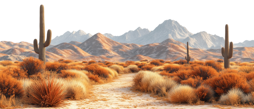Desert cactuses with dry grass plants and mountains isolated on white background. Suitable for marketing or business purposes. Panoramic banner with place for text. PNG file