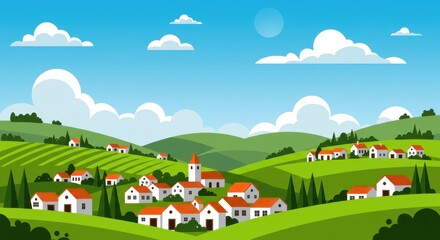 Fototapeta premium A flat illustration of a picturesque hillside village with white houses topped with orange roofs