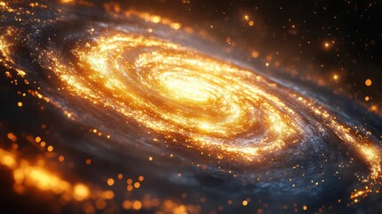 Obraz premium A stunning cosmic spiral galaxy illuminated by vibrant orange and blue hues, showcasing the beauty of the universe.