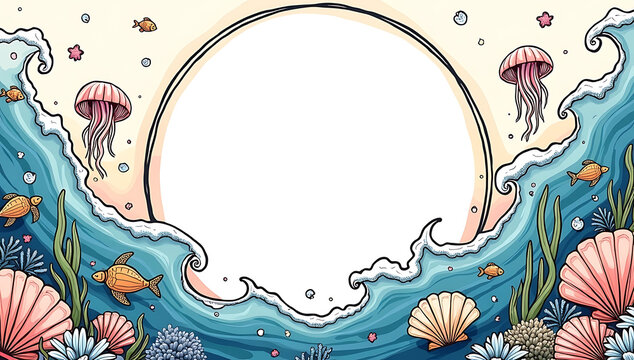 "Hand-Drawn Frame with Oceanic Themes" – A creative frame design featuring waves, seashells, and marine creatures, leaving a blank space in the center for personalization.
