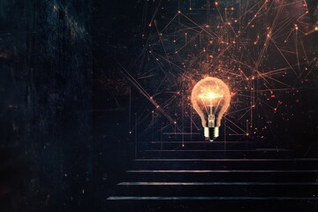 Abstract Digital Matrix Background Featuring a Glowing Lightbulb Amidst Intricate Lines and Textures Representing Innovation and Creativity in a Dark Space