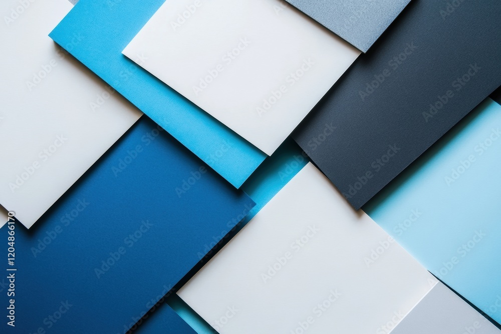 Poster various sheets of colorful paper arranged in a pattern with shades of blue, gray, and white for crea