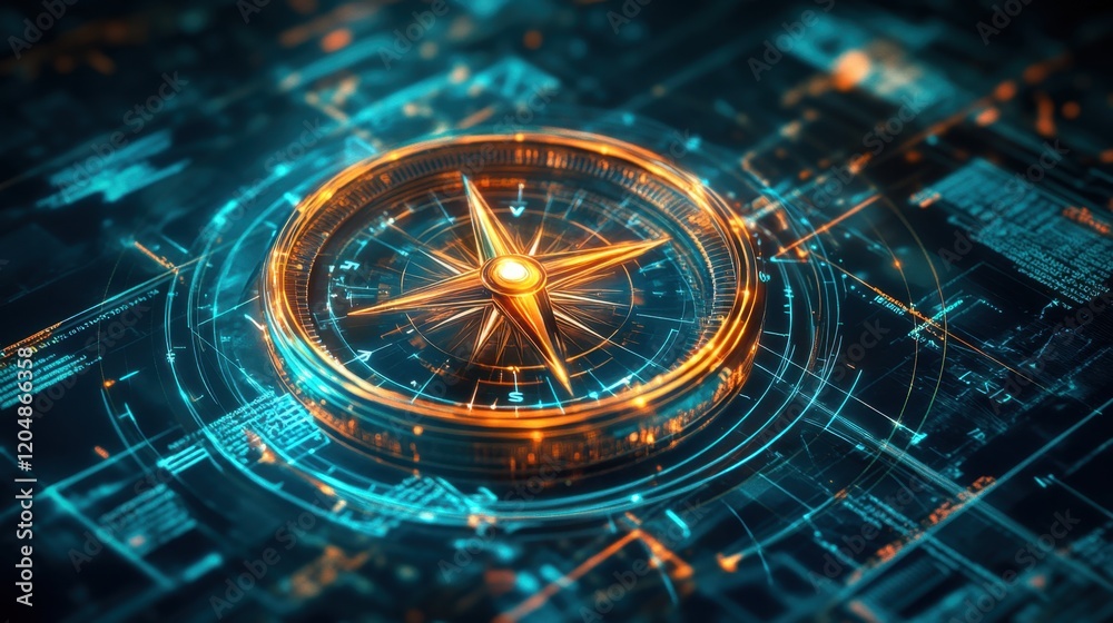 Poster digital compass on futuristic interface with neon glow effects