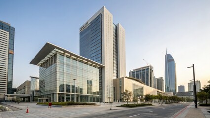 Stunning Modern Urban Architecture Featuring Skyscrapers Illuminated at Dusk for Business Promotion