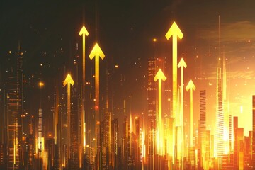 golden arrows rising from a glowing urban horizon, symbolizing growth and progress in a technologically advanced digital landscape