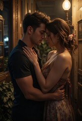 Elegant couple sharing an intimate moment in a softly lit room, surrounded by cozy decor and warm ambient lights.