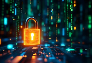 A glowing digital padlock floating in a futuristic matrix-like background of binary code and data streams. 