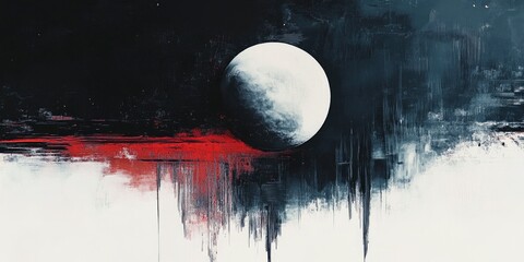 Abstract minimalist painting of the moon and sky, in black, white, and red.