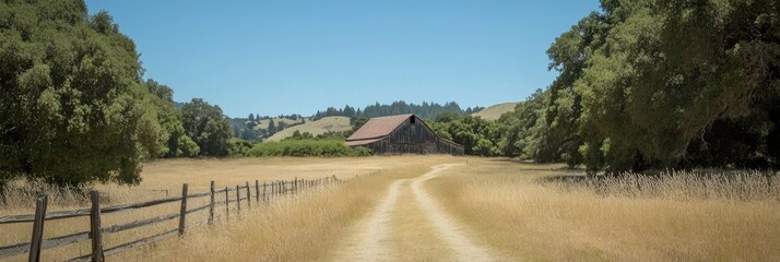 An old barn in the distance, surrounded by trees and tall grasses on both sides of an open field with a dirt road leading up to it. The sky is clear and blue. A wooden fence surrounds the area.