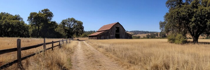 An old barn in the distance, surrounded by trees and tall grasses on both sides of an open field with a dirt road leading up to it. The sky is clear and blue. A wooden fence surrounds the area.