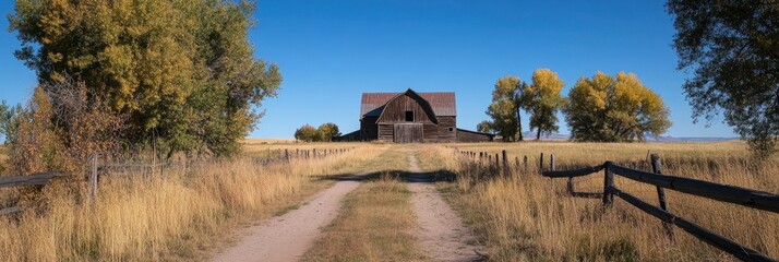 An old barn in the distance, surrounded by trees and tall grasses on both sides of an open field with a dirt road leading up to it. The sky is clear and blue. A wooden fence surrounds the area.