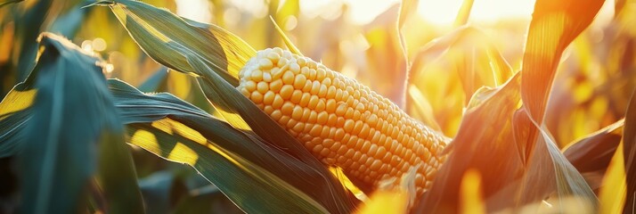 yellow corn on corn field, blur sunlight background