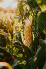 yellow corn on corn field, blur sunlight background