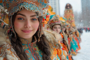 A bustling Shrovetide carnival in a city square, featuring folk performances, festive booths, and...