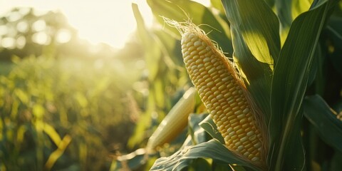 yellow corn on corn field, blur sunlight background