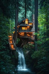 A treehouse nestled in the heart of an ancient forest, surrounded by towering trees and a cascading waterfall. The lush, green landscape is illuminated by warm lighting.